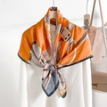 Elegant silk scarf featuring orange and beige floral chain prints on a white shirt - Orange (Patchwork Chain)