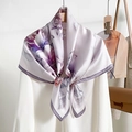 Elegant purple floral silk scarf with lilac prints styled on a white shirt - Purple (Large Freehand Flower)