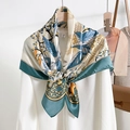 Silk floral scarf with tropical palm leaves in teal and gold on a white shirt - Cyan (Palm Leaves & Vines)