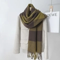 Thick autumn winter checkered cashmere feel scarf in brown and green with tassels - 60*180cm / Meteorite Brown