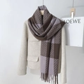 Thick plaid cashmere-feel scarf in dark coffee, camel, and lilac with tassels - 60*180cm / Lotus Root Purple