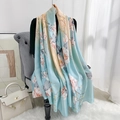 Elegant floral print silk scarf in blue and apricot gradient for women's fashion - 180*90CM / Blue