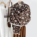 Elegant brown scarf featuring white camellia flower prints with a white border trim - Rectangle / Coffee