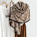Elegant camel scarf with black camellia floral print and contrast border for women - Rectangle / Caramel color
