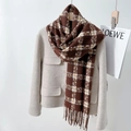 Plaid tassel scarf in brown and cream cashmere-like fabric on beige wool coat - 65*170cm / Dark Brown