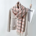 Plaid tassel scarf in light pink and grey faux cashmere on a wooden hanger - 65*170cm / Pink