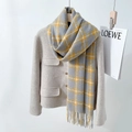 Grey and yellow plaid tassel scarf paired with an elegant cream tweed jacket - 65*170cm / Light Gray