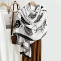 White camellia flower print cotton linen shawl scarf with modern lettering design - Black