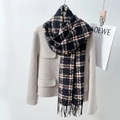 Plaid cashmere-like scarf with fringe in black, white and reddish brown pattern - 65*170cm / Deep Black