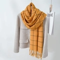 Ginger yellow plaid cashmere-like scarf with long tassels paired with grey jacket - 65*170cm / Orange