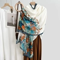Elegante katoen-linnen sjaal met vintage bloemenprint in beige voor dames in de herfst - 180x85cm / Wit met Blauwe Bloemenprint