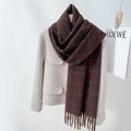 Thick dark brown plaid cashmere-like scarf with fringe on a beige coat - 65*170cm / Reddish Brown