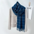 Winter faux cashmere scarf with navy blue plaid pattern and fringe, thick and warm wrap - 65*170cm / Sapphire Blue