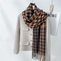 Thick autumn houndstooth scarf with tassels in brown, ginger, and green contrast colors - Caramel color