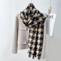 Houndstooth scarf in navy and mustard yellow paired with a beige wool coat outfit - 65*200cm / Dark Blue