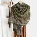 Eleganter Vintage Baumwolle Leinen Schal in Dunkelgrün mit Paisley Muster für Damen - Grün / 180*85