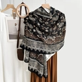 Elegant vintage black paisley cotton linen shawl scarf with bohemian patterns - Black / 180*85