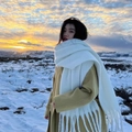 Thickened white tassel scarf for winter warmth with high-quality soft knitted texture - White