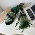 Thick green and white plaid scarf with fringe tassels and a leather brand label - Plaid Green