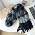 Thick warm scarf with classic black, white and grey plaid pattern and tassels - Plaid Black Grayish