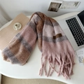 Thick warm scarf with pink and brown plaid pattern and fringe detail on leather tag - Plaid Pink Coffee
