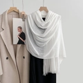 Elegant white cotton linen scarf with fringe, layered on an overcoat for a chic summer look - 1# Pearl White Shell