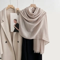 Champagne linen scarf with fringe tassels shown hanging on a beige wool coat - Khaki (5#)