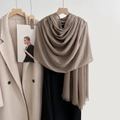 Elegant warm brown linen scarf with fringe edges paired with a beige coat and black dress - Dark Khaki (16#)