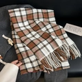 Classic black, white, and brown checkered scarf with red lines and fringe details - 180cmx67cm / Coffee (J88-Coffee)
