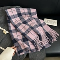 Pink and navy blue plaid woven scarf with thick tassels over a grey coat - 180cmx67cm / Purple Pink (J88-Purple Pink)