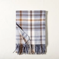 Blue, orange, and grey plaid cashmere scarf with soft fringes in a flat lay view - Blue Gray / 180*70cm