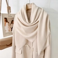 Elegant beige solid color pashmina shawl with fine fringe tassels for autumn and winter - Beige