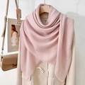 Elegant solid pink shawl with short fringes styled on a beige wool coat for women - Pink