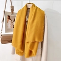 Elegant mustard yellow square scarf with tassels styled over a cream wool coat - Ginger Yellow (130 Frayed Solid Color) / Standard
