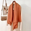 Elegant caramel cotton linen scarf with fringe edges paired with a cream-white wool coat - Orange Red (130 Frayed Solid Color) / Standard