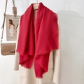 Elegant solid red scarf with short fringes paired on a classic beige winter wool coat - Red (130 Frayed Solid Color) / Standard