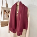 Elegant wine red cashmere shawl with fringe trim styled on a cream coat for women - Dark Red (130 Frayed Solid Color) / Standard