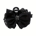 Elegante molletta per capelli con fiocco in raso nero e motivi floreali per donna - Nero
