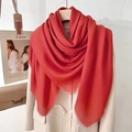 Elegant vermilion red pashmina shawl with tassel fringe on cream wool coat - Persimmon Red (130 Frayed Solid Color) / Standard