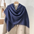 Elegant navy blue tassel scarf wrap styled on a beige coat for a minimalist look - Navy Blue (130 Frayed Solid Color) / Standard