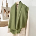 Olive green solid scarf with fringe edge paired with beige coat for elegant style - Green (130 Frayed Solid Color) / Standard