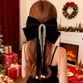 Barrette à cheveux élégante en velours noir avec glands en strass et pendentifs en perles - Noir