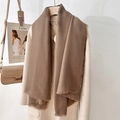 Elegant camel solid color scarf with fine fringes, minimalist cashmere style for women - Coffee (130 Frayed Solid Color) / Standard