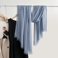 Light blue linen-cotton blend scarf with fine fringes hanging on a display rack - Blue Gray (40#)
