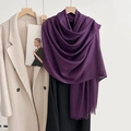 Dark purple cotton linen scarf with frayed edges shown styled on a beige coat - Violet (42#)