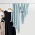 Light blue cotton linen scarf with soft fringe edges and breathable vertical texture - Bean Green (32#)