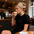 Detail shot of a 9.2cm coffee cup hair claw clip on a blonde model in a cafe - Coffee Cup 2