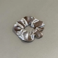 Elegant champagne velvet scrunchie with white pearl embellishments and soft pleats - Khaki