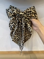 Elegant large leopard print bow hair clip with long silk streamers for women - Brown Yellow Leopard