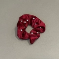 Elegant wine red velvet hair scrunchie with white pearl accents for French style buns - Red